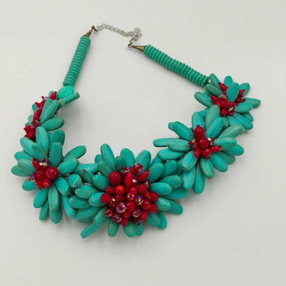 Simulated Turquoise Flowers With Red Beads - Picture 1 of 4